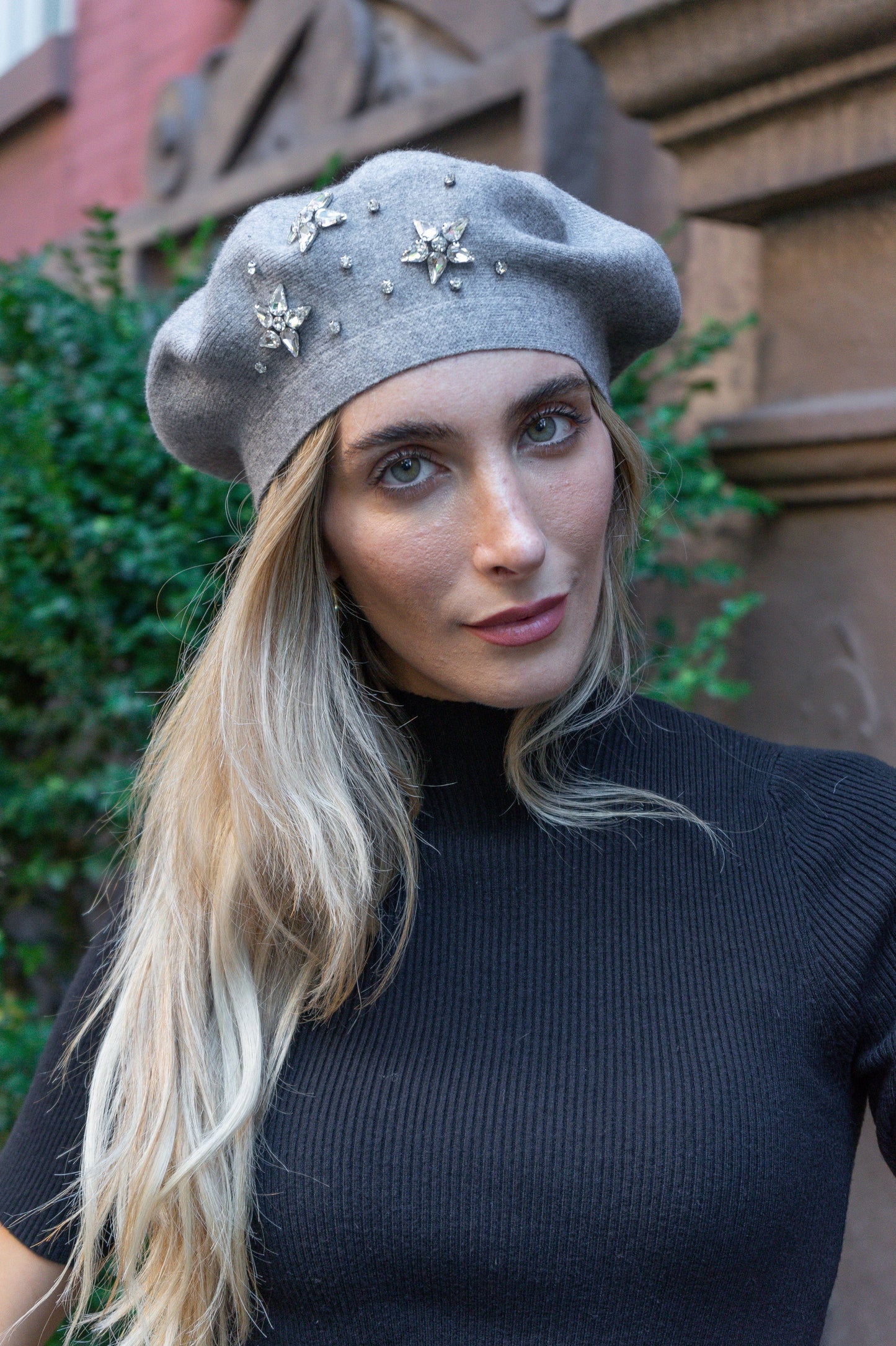 Adrienne Vittadini Rhinestone Star Knit Beret