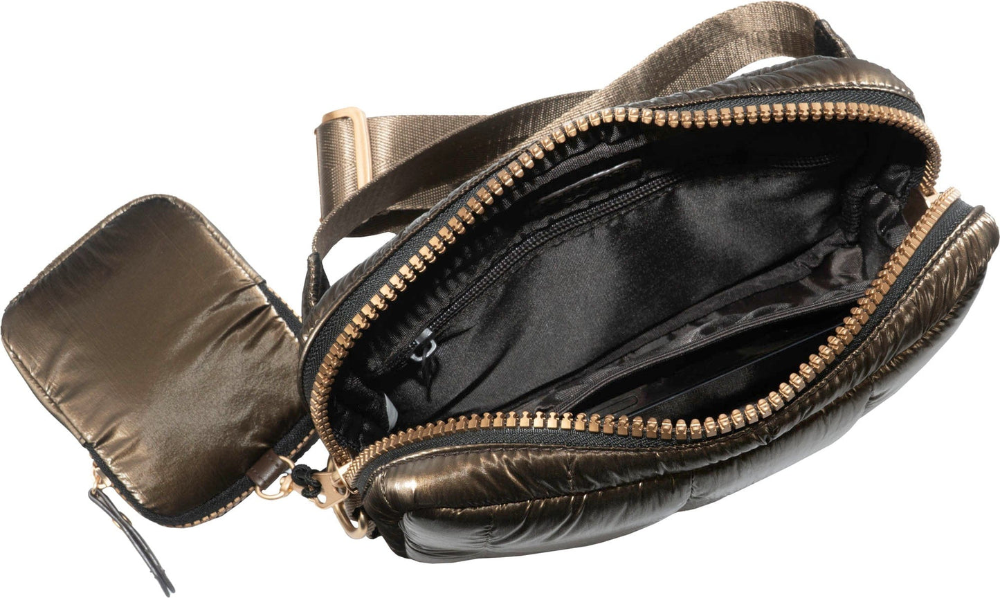 Joan & David Metallic Tubular Quilted Nylon Passport Sling Bag