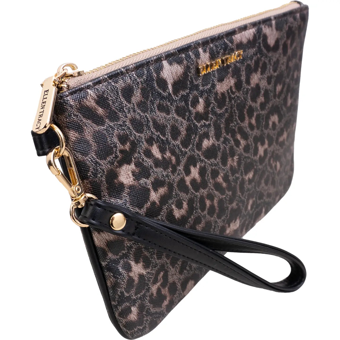 Ellen Tracy Metallic Leopard Faux Leather Print Wristlet